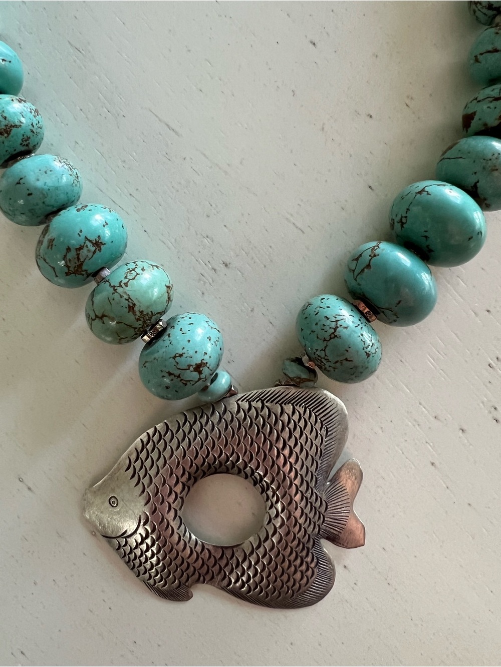 Artisan Turquoise Bead Necklace with Silver Fish Pendant 20”